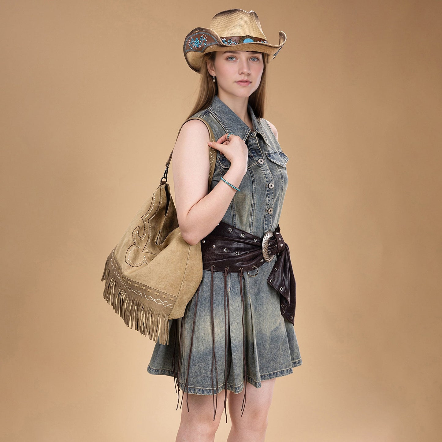 MW1341-918  Montana West Boot Stitch Fringe Hobo Bag