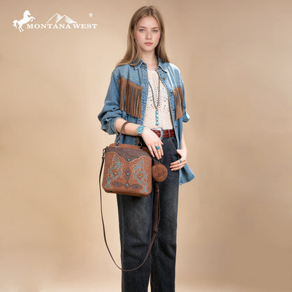 MW1344-8319 Montana West Embroidered Boot Scroll Top Handle Crossbody With Coin Pouch