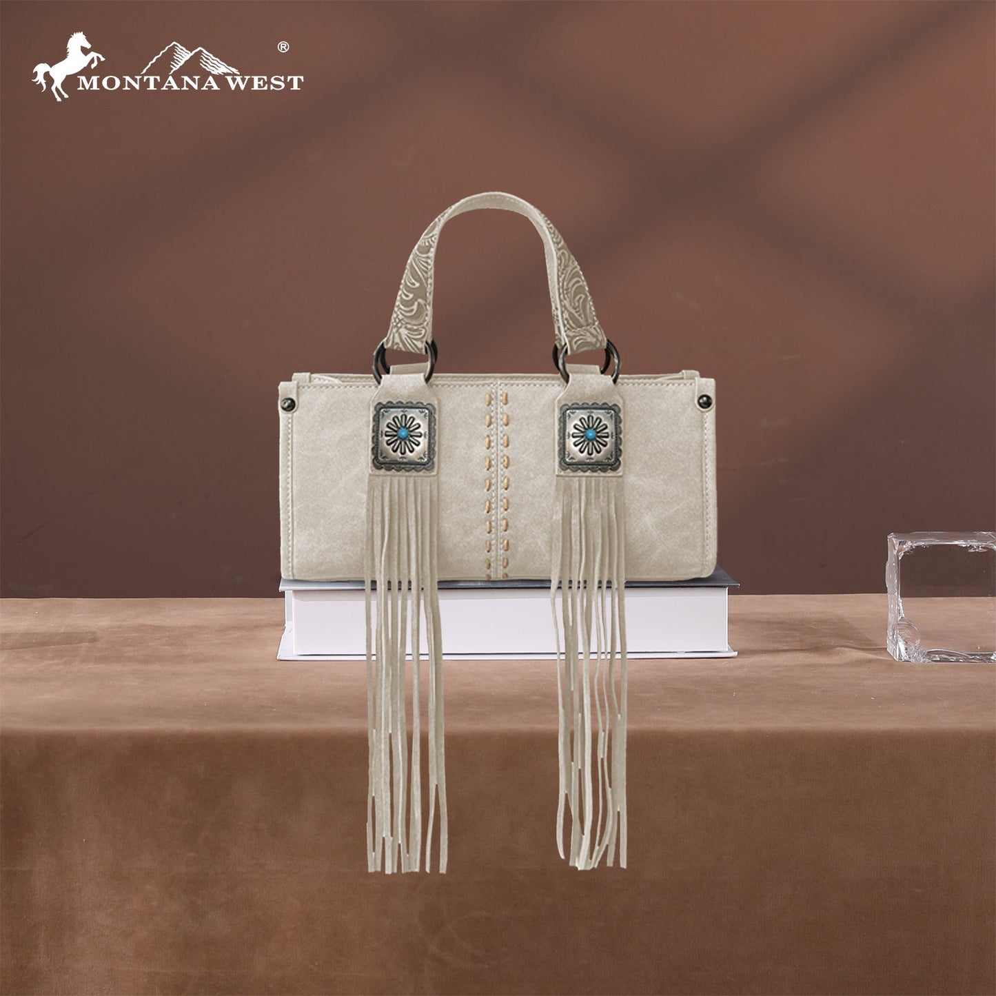 MW1351-888 Montana West Western Fringe Concho Collection Mini Crossbody Bag  - Beige