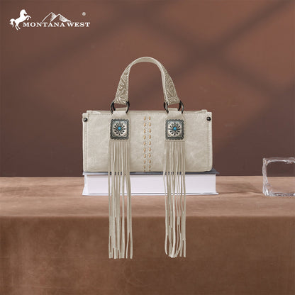 MW1351-888 Montana West Western Fringe Concho Collection Mini Crossbody Bag  - Beige