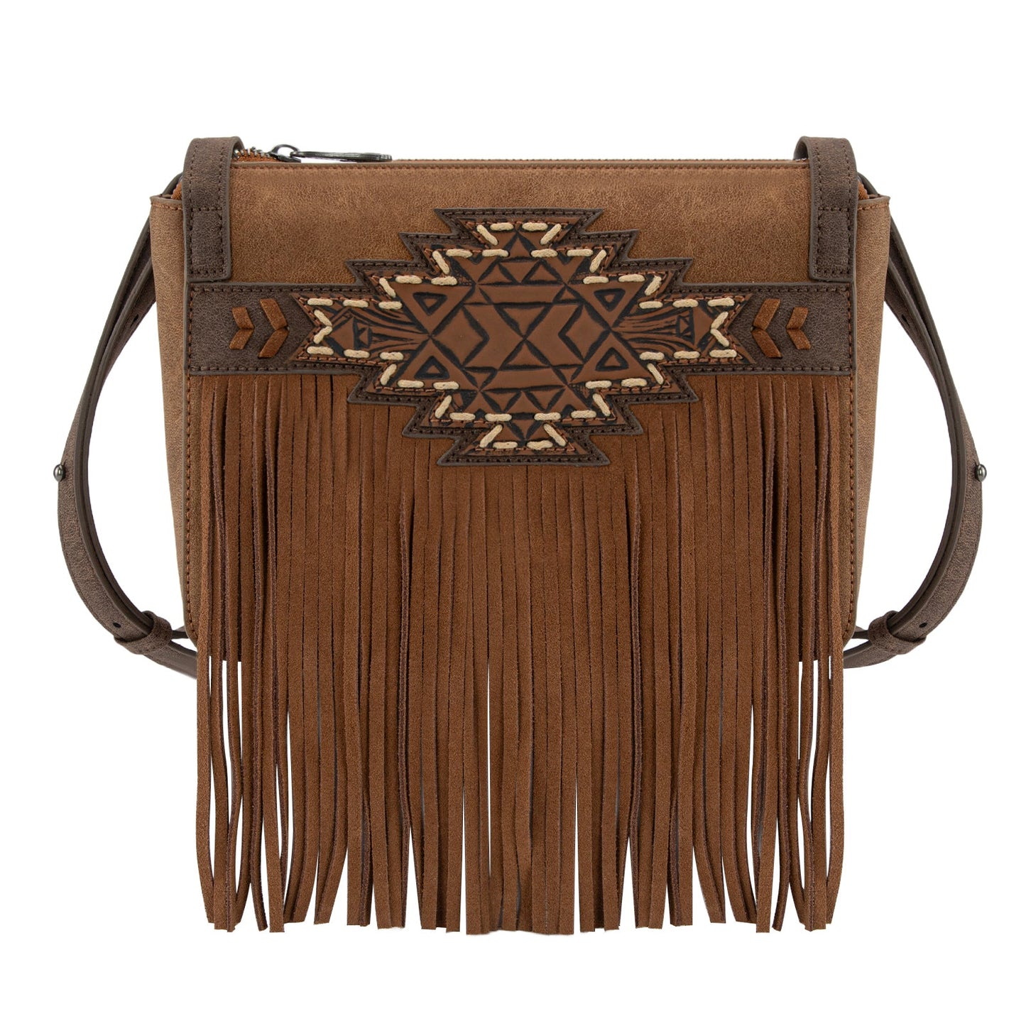TR196-8287  Trinity Ranch Aztec Tooled Fringe Crossbody