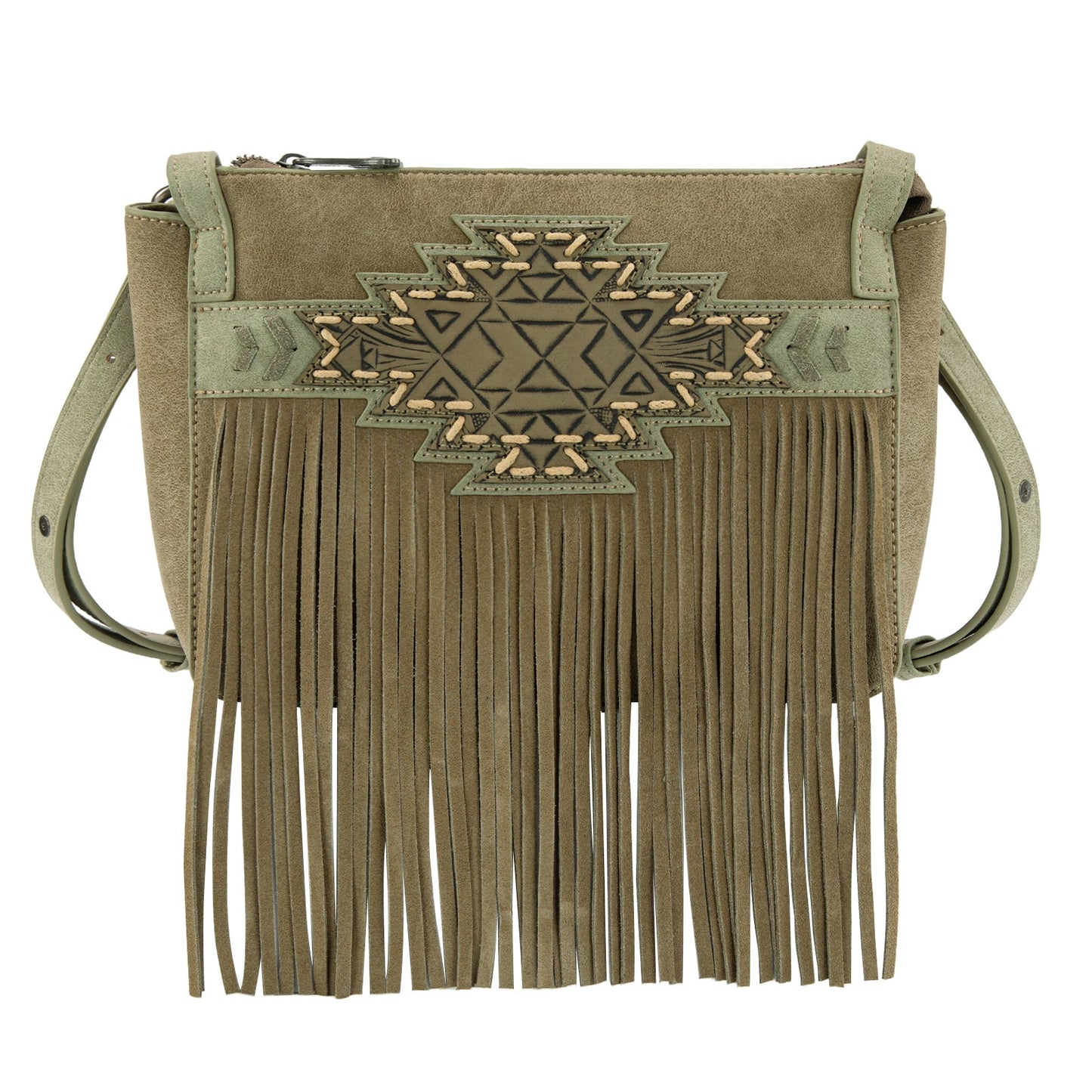 TR196-8287  Trinity Ranch Aztec Tooled Fringe Crossbody