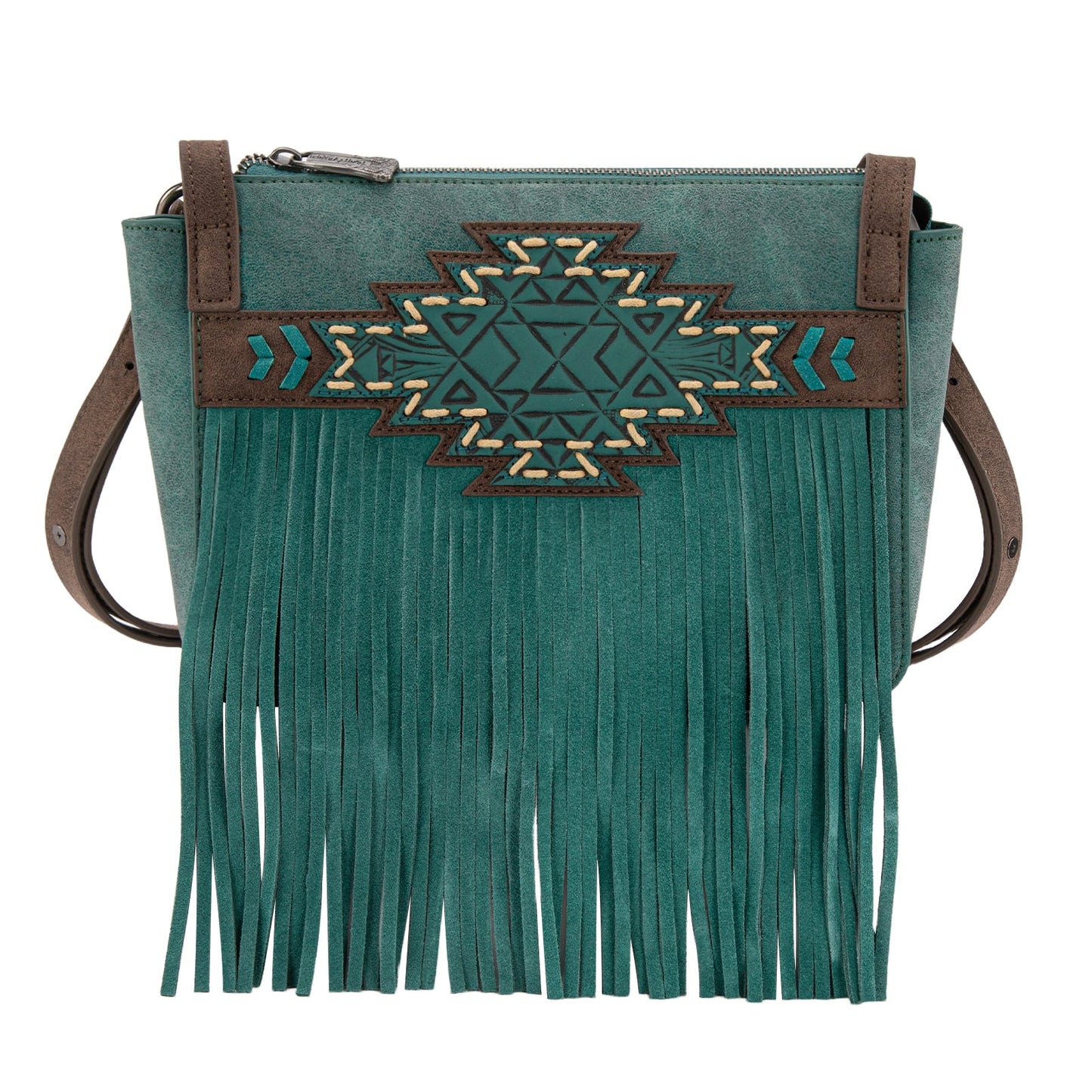 TR196-8287  Trinity Ranch Aztec Tooled Fringe Crossbody