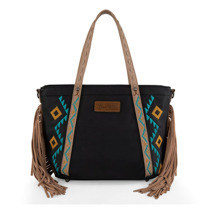 WG233-2009  Wrangler Aztec Embroidered Tote/Crossbody Bag- Black