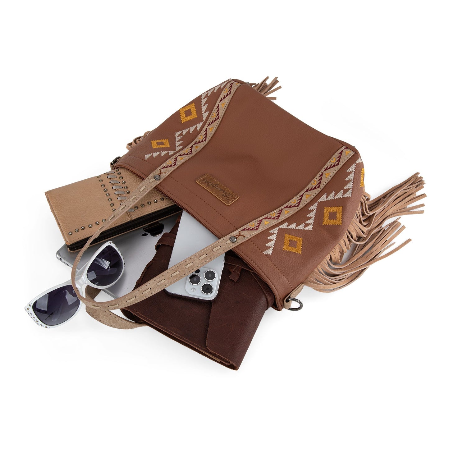 WG233-2009  Wrangler Aztec Embroidered Tote/Crossbody Bag- Light Brown