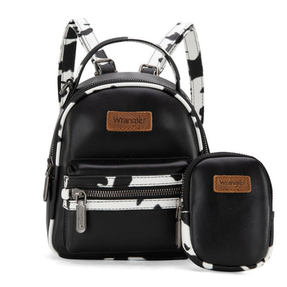 WG102-8600  Wrangler Cow Print Trimmed Mini Backpack With Coin Pouch - Black
