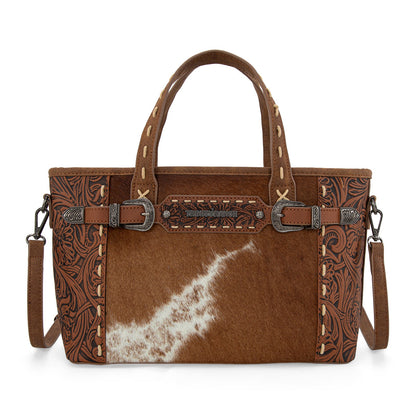 TR199-8122  Trinity Ranch Genuine Hair-On Cowhide Tooled Tote/Crossbody
