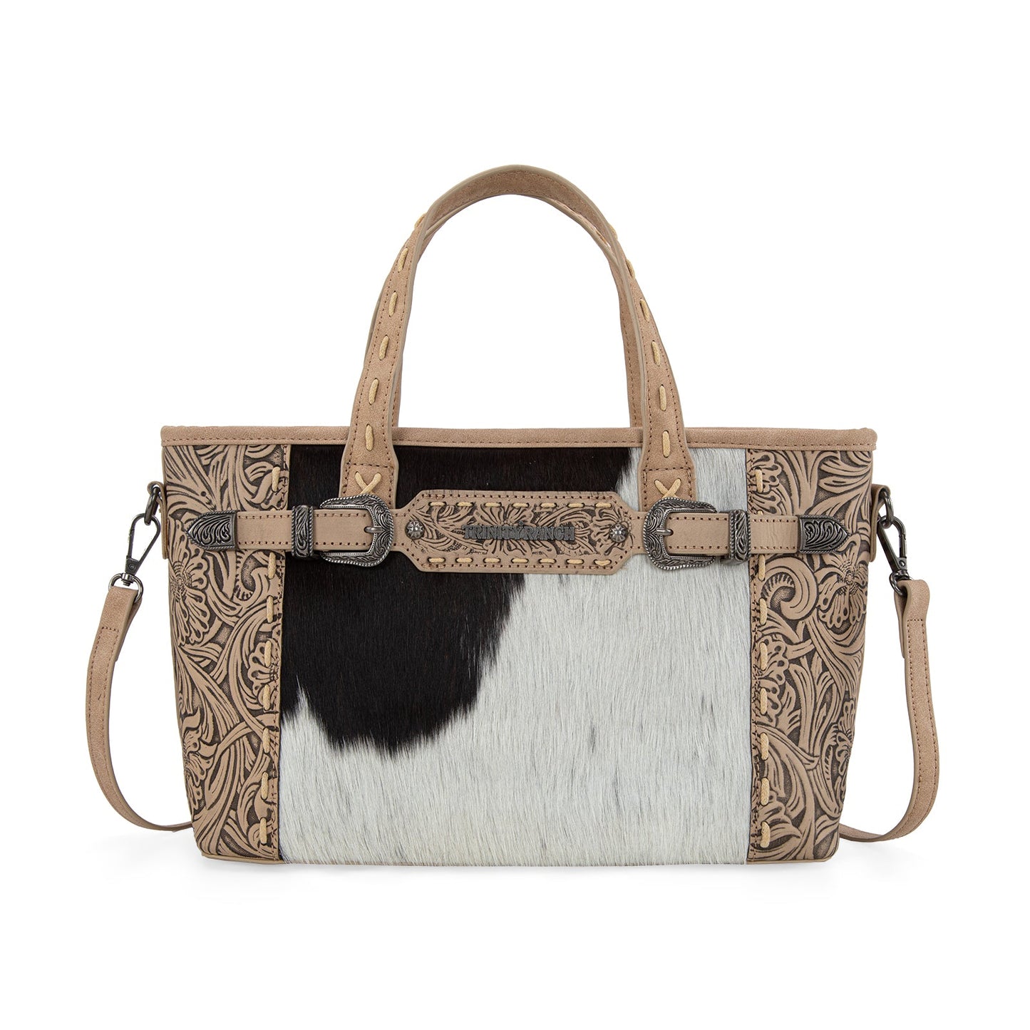 TR199-8122  Trinity Ranch Genuine Hair-On Cowhide Tooled Tote/Crossbody