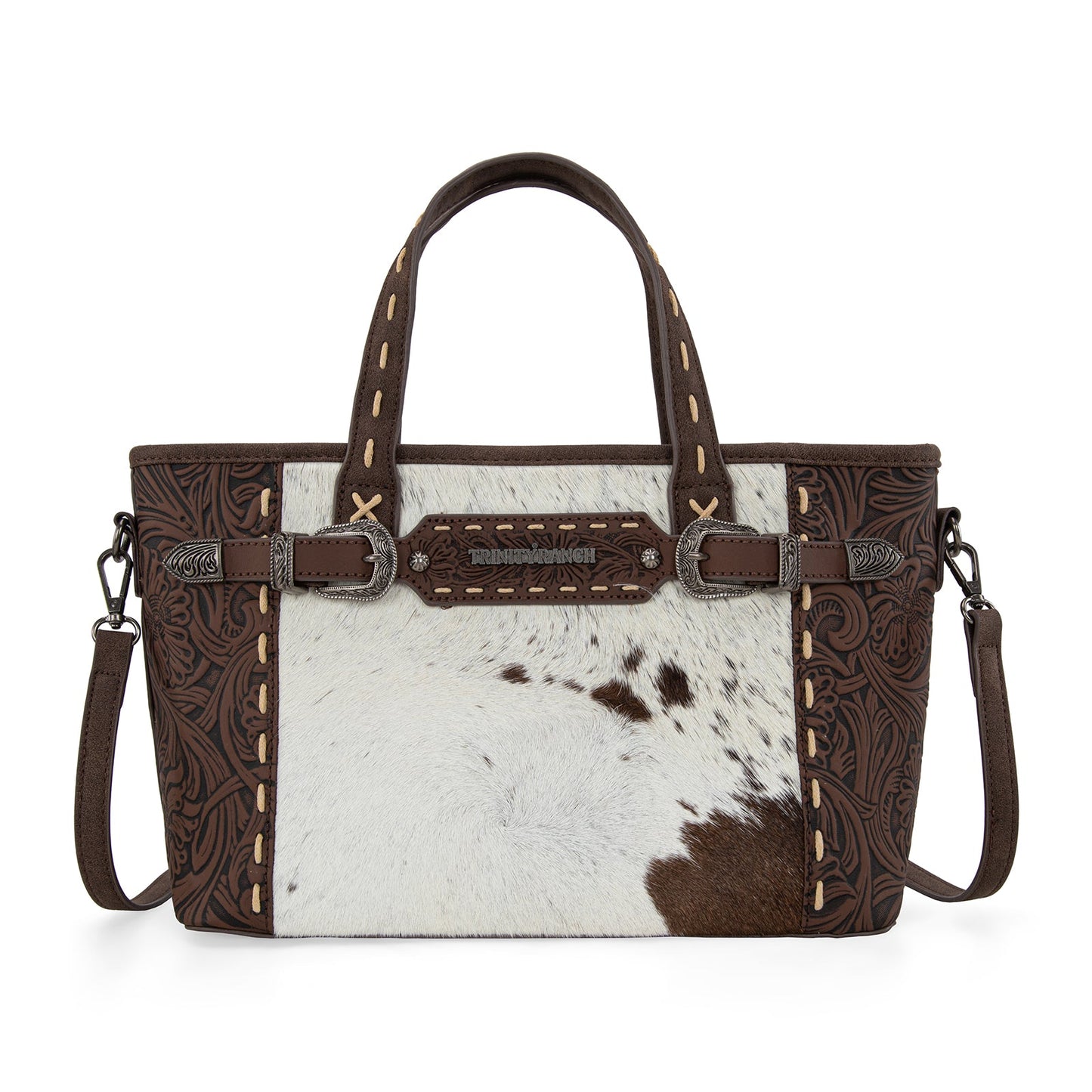 TR199-8122  Trinity Ranch Genuine Hair-On Cowhide Tooled Tote/Crossbody