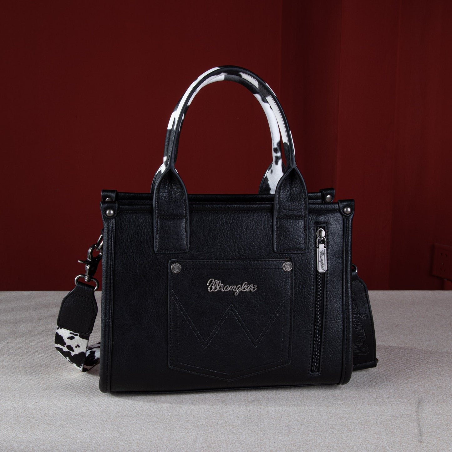 WG102-8120S  Wrangler Cow Print Concealed Carry Tote/Crossbody - Black