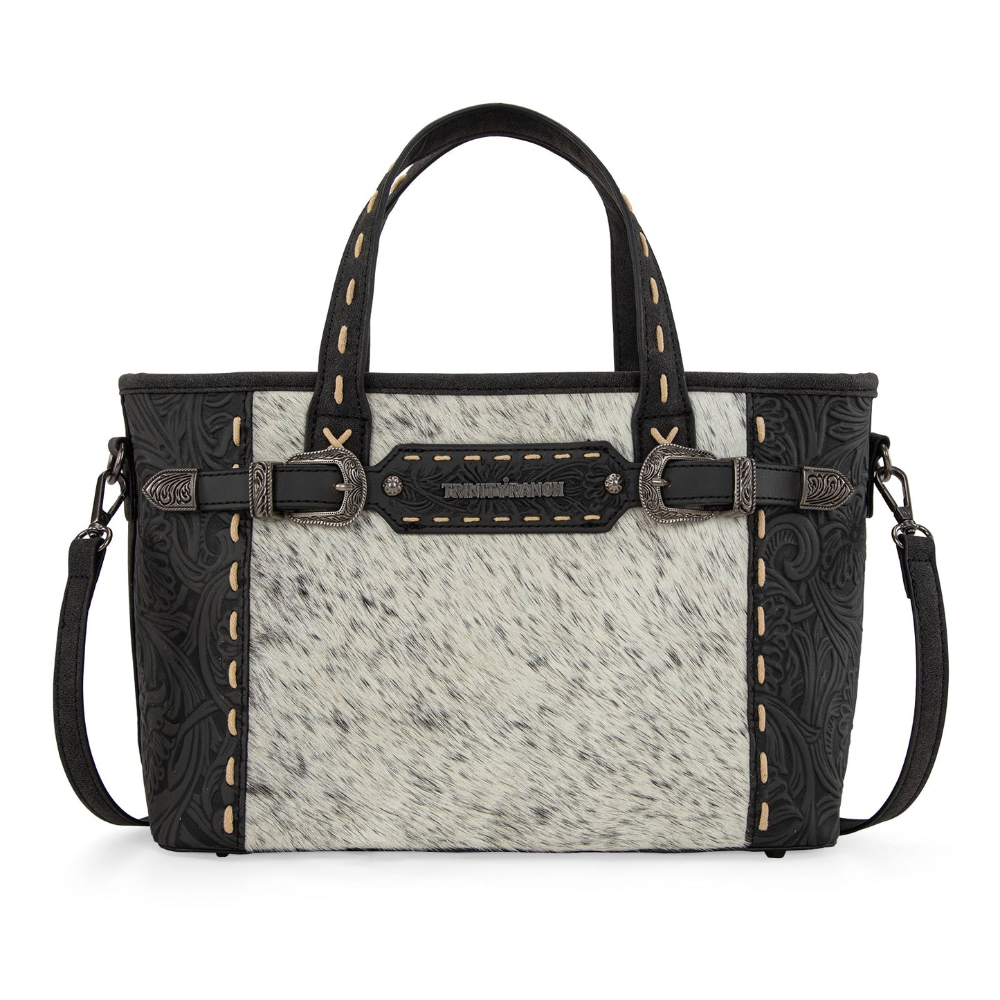 TR199-8122  Trinity Ranch Genuine Hair-On Cowhide Tooled Tote/Crossbody