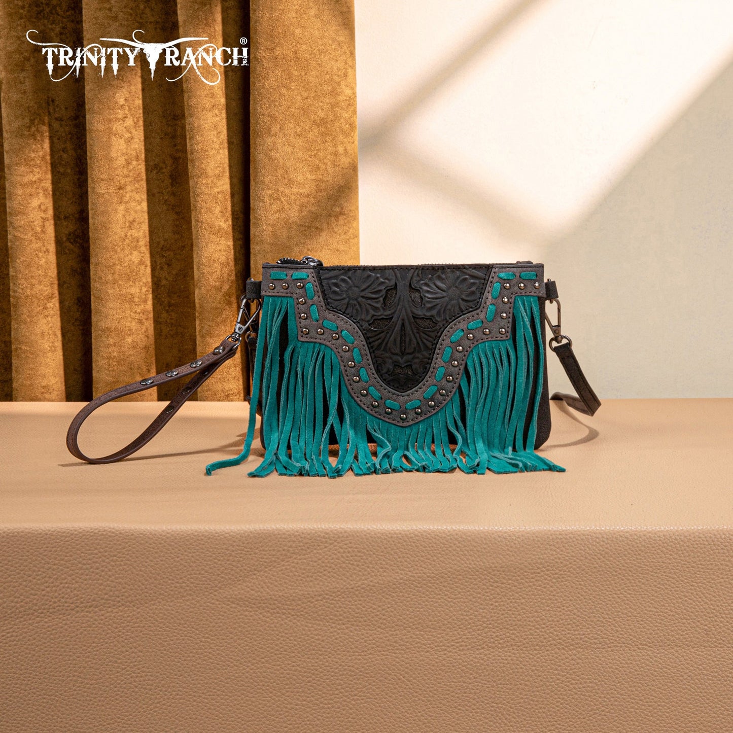 TR194-181  Trinity Ranch  Floral Tooled Collection Clutch/Crossbody - Black