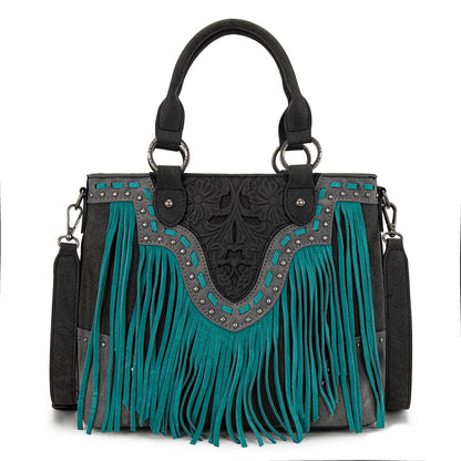 TR194-8250  Trinity Ranch Floral Tooled Fringe Tote/Crossbody - Black