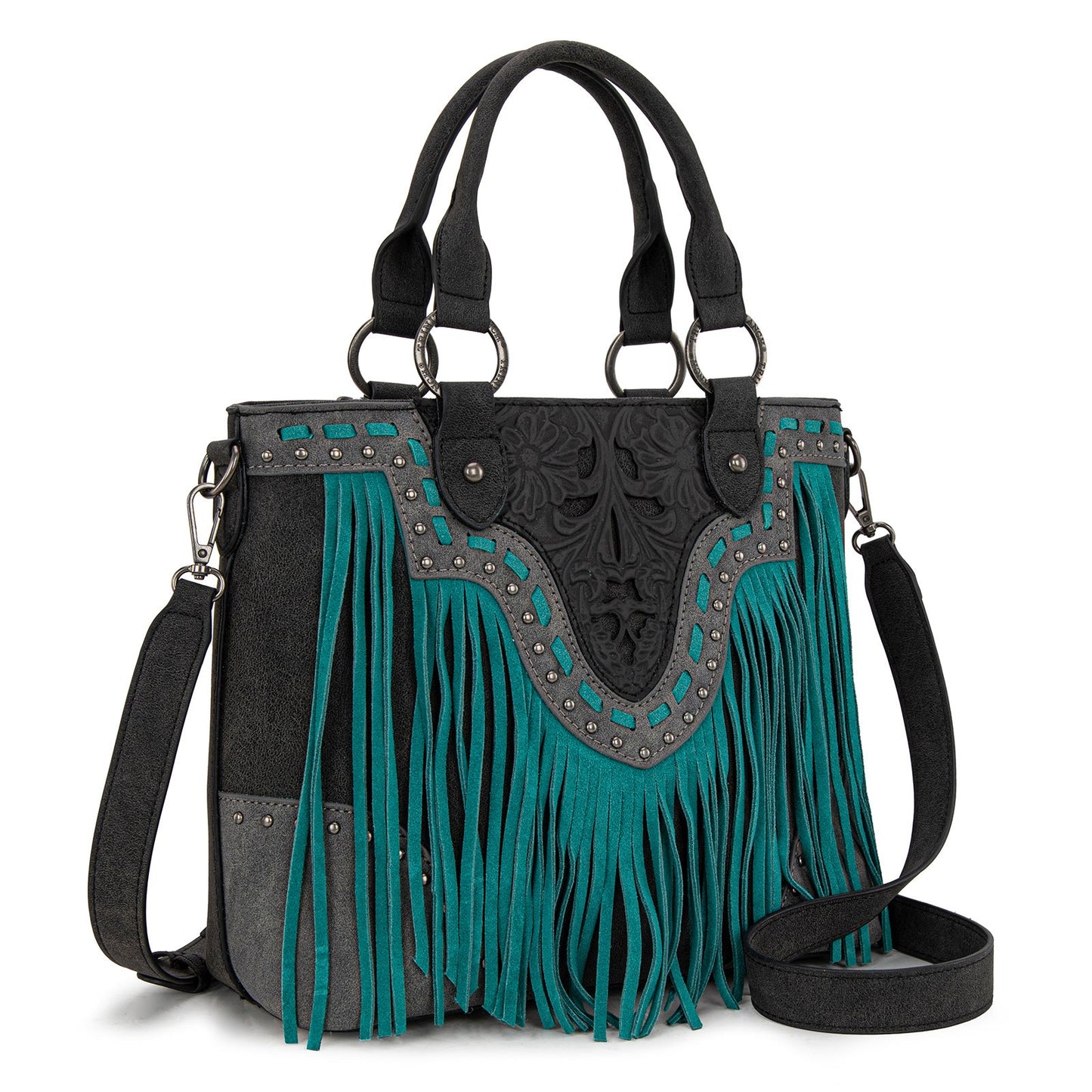 TR194-8250  Trinity Ranch Floral Tooled Fringe Tote/Crossbody - Black
