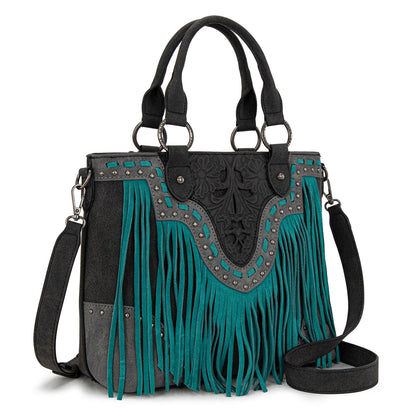 TR194-8250  Trinity Ranch Floral Tooled Fringe Tote/Crossbody - Black