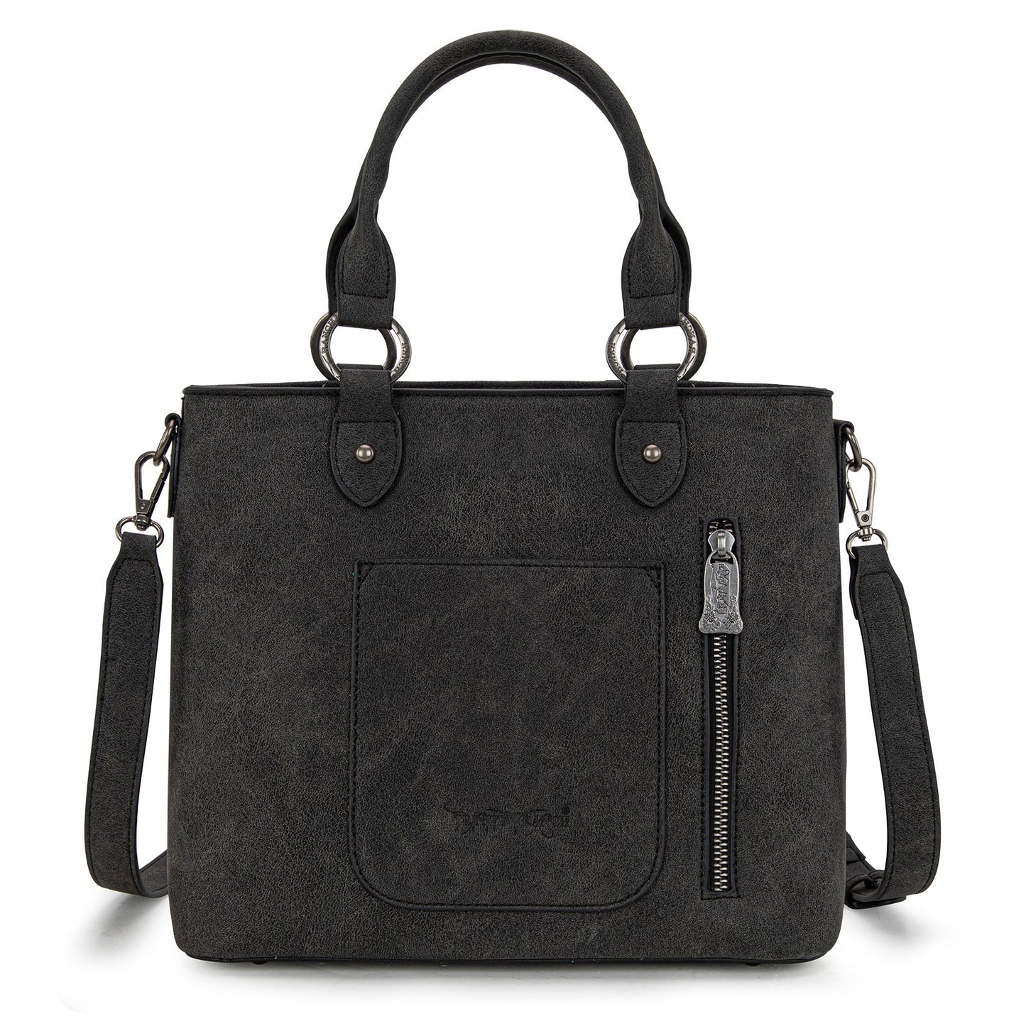 TR194-8250  Trinity Ranch Floral Tooled Fringe Tote/Crossbody - Black
