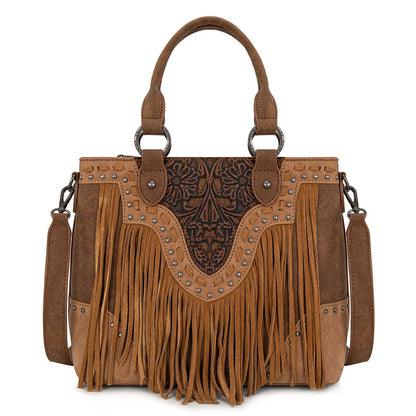 TR194-8250  Trinity Ranch Floral Tooled Fringe Tote/Crossbody - Brown