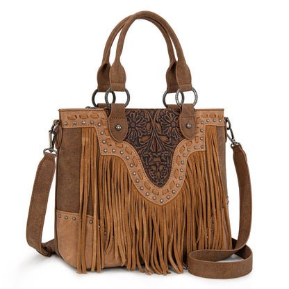 TR194-8250  Trinity Ranch Floral Tooled Fringe Tote/Crossbody - Brown