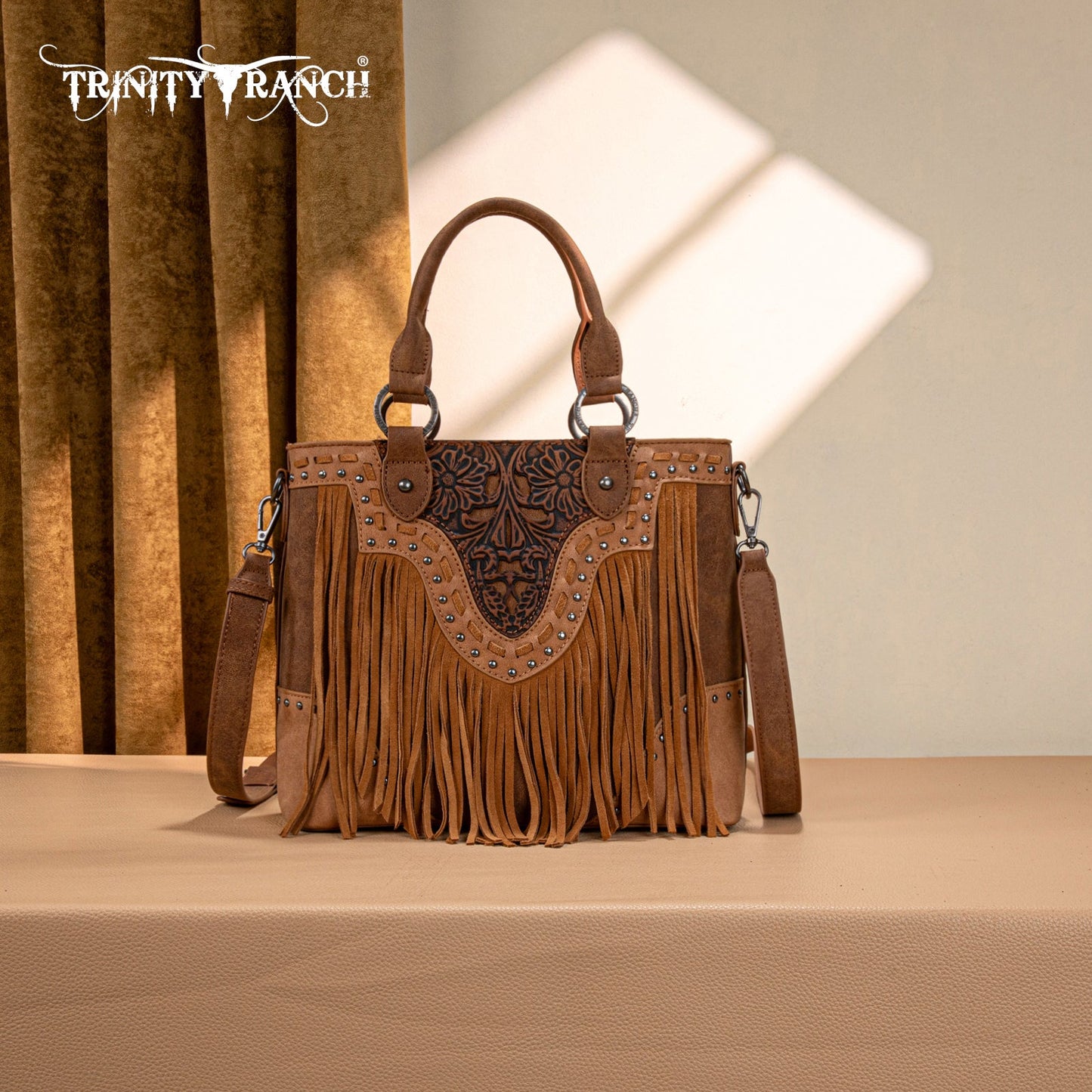 TR194-8250  Trinity Ranch Floral Tooled Fringe Tote/Crossbody - Brown