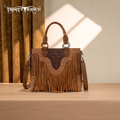 TR194-8250  Trinity Ranch Floral Tooled Fringe Tote/Crossbody - Brown