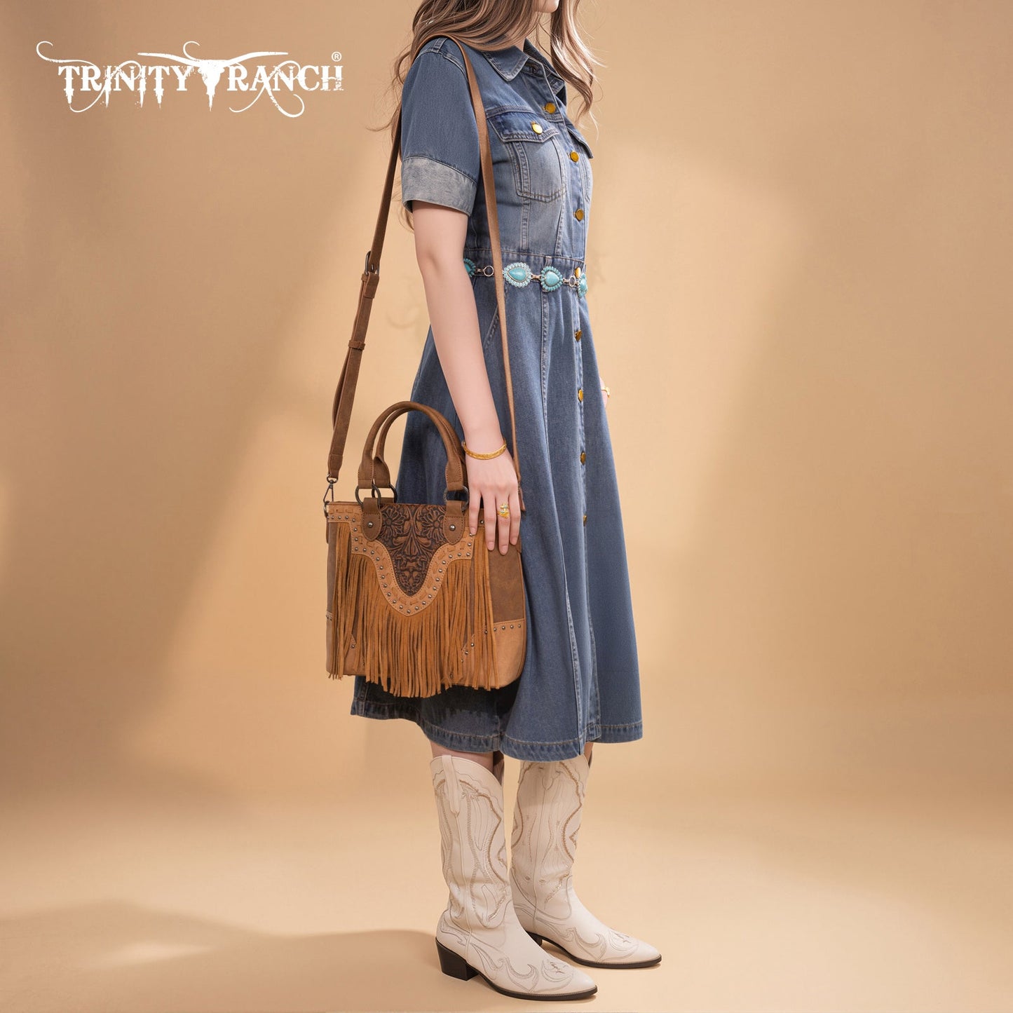 TR194-8250  Trinity Ranch Floral Tooled Fringe Tote/Crossbody - Brown