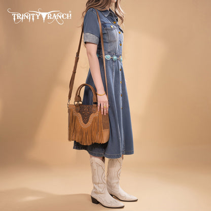 TR194-8250  Trinity Ranch Floral Tooled Fringe Tote/Crossbody - Brown