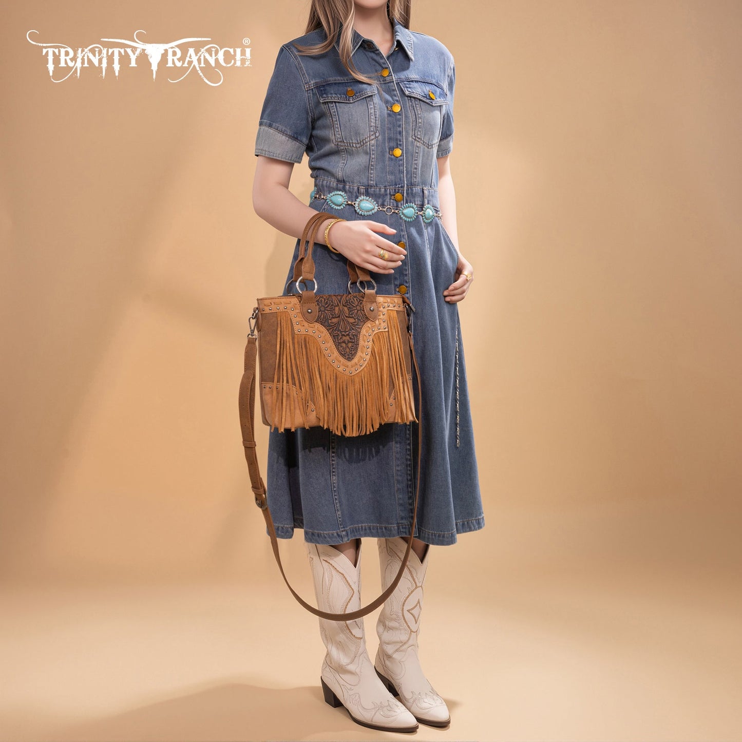 TR194-8250  Trinity Ranch Floral Tooled Fringe Tote/Crossbody - Brown