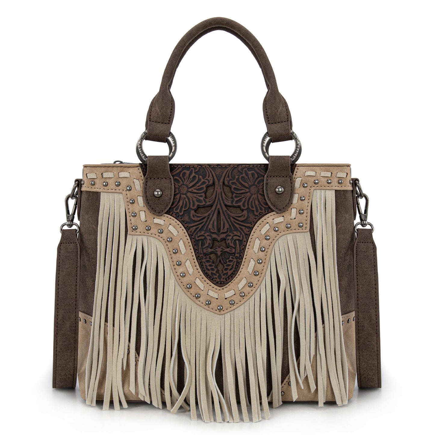 TR194-8250  Trinity Ranch Floral Tooled Fringe Tote/Crossbody - Coffee