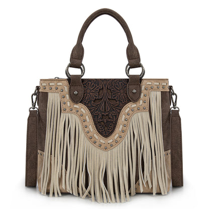 TR194-8250  Trinity Ranch Floral Tooled Fringe Tote/Crossbody - Coffee