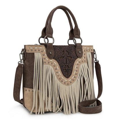 TR194-8250  Trinity Ranch Floral Tooled Fringe Tote/Crossbody - Coffee