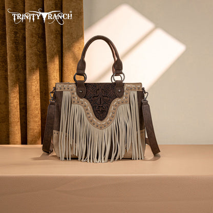 TR194-8250  Trinity Ranch Floral Tooled Fringe Tote/Crossbody - Coffee