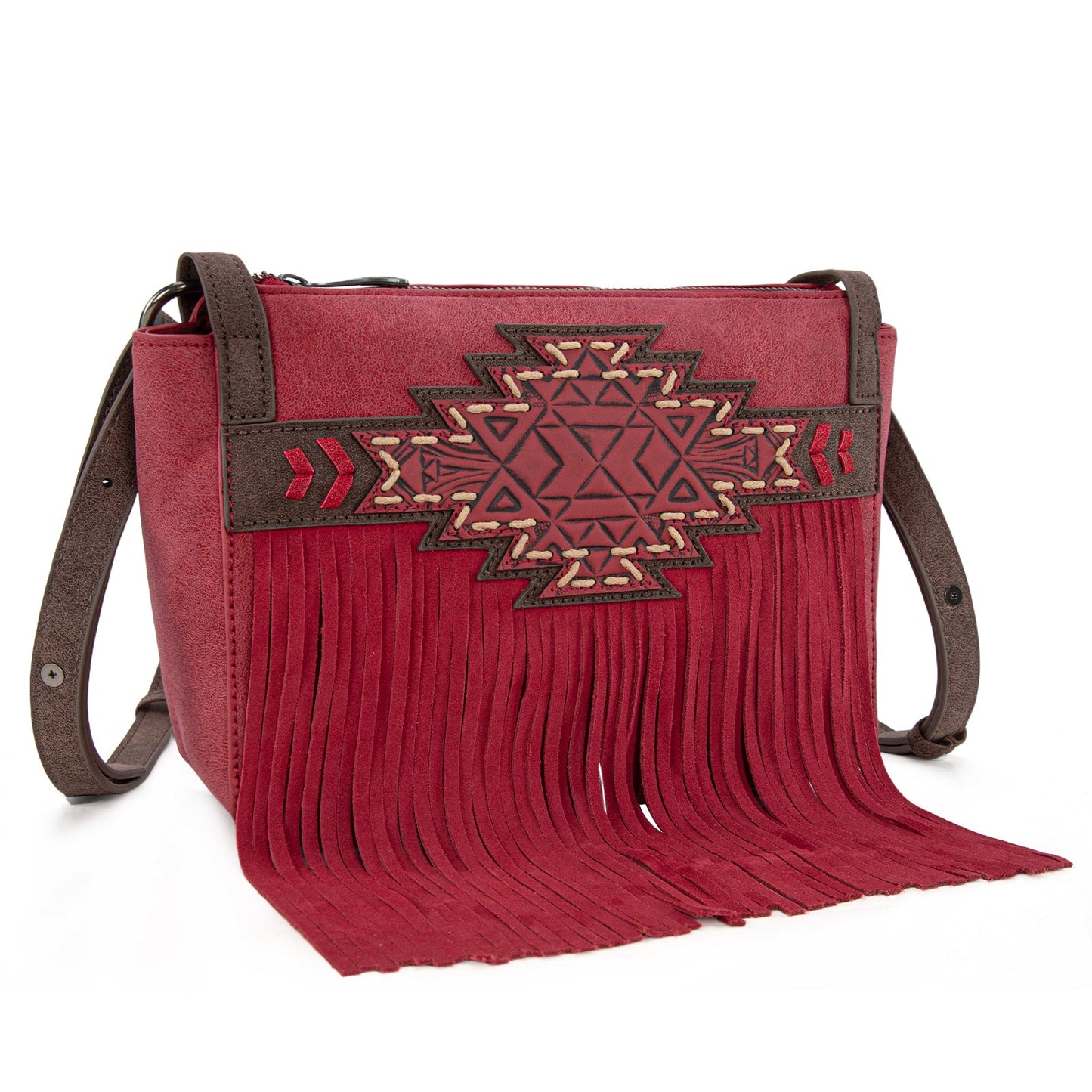 TR196-8287  Trinity Ranch Aztec Tooled Fringe Crossbody