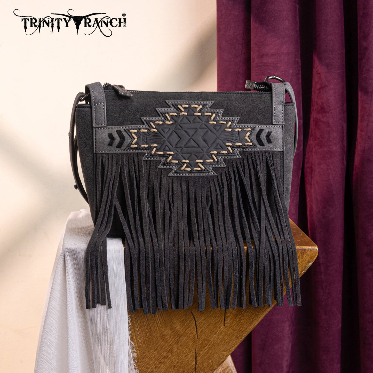 TR196-8287  Trinity Ranch Aztec Tooled Fringe Crossbody
