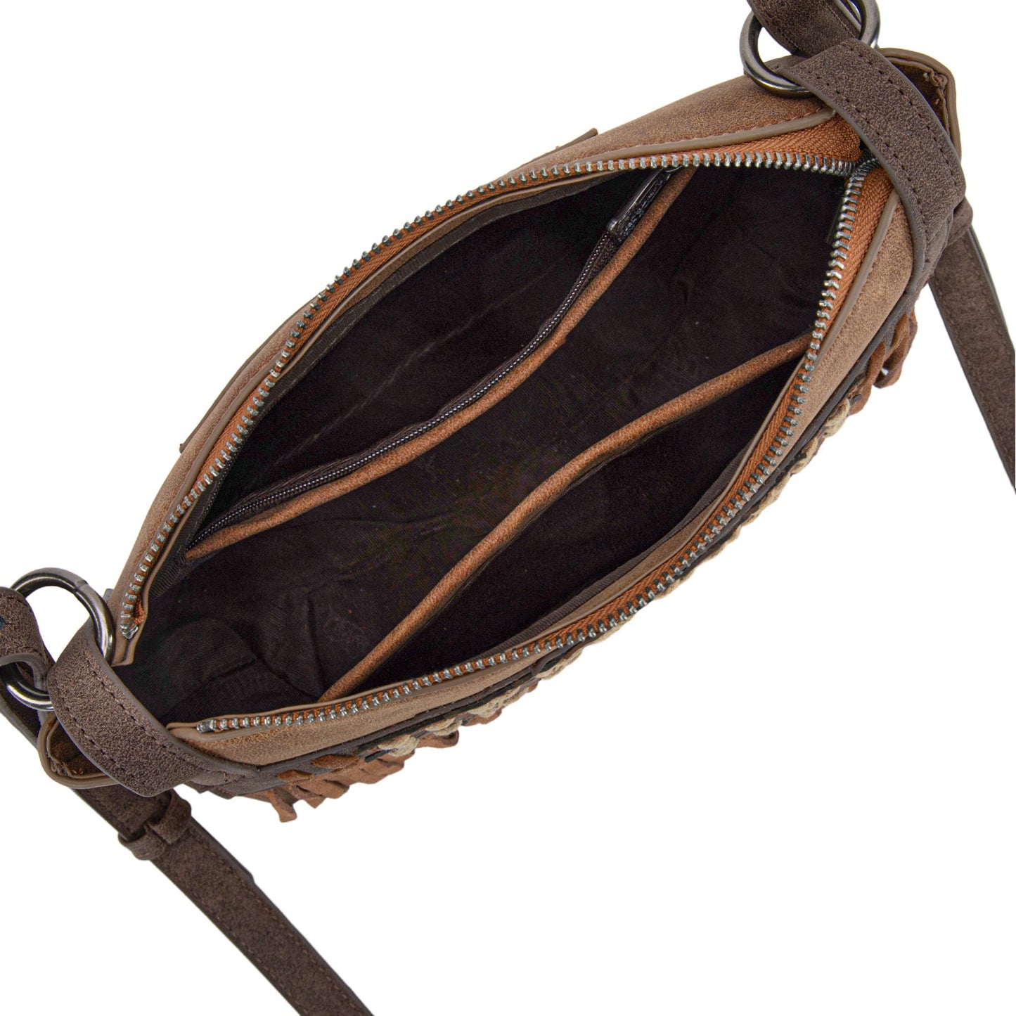 TR196-8287  Trinity Ranch Aztec Tooled Fringe Crossbody