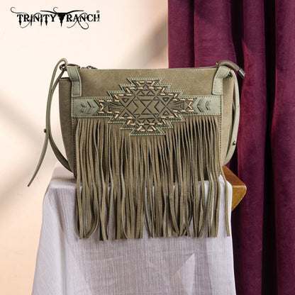 TR196-8287  Trinity Ranch Aztec Tooled Fringe Crossbody