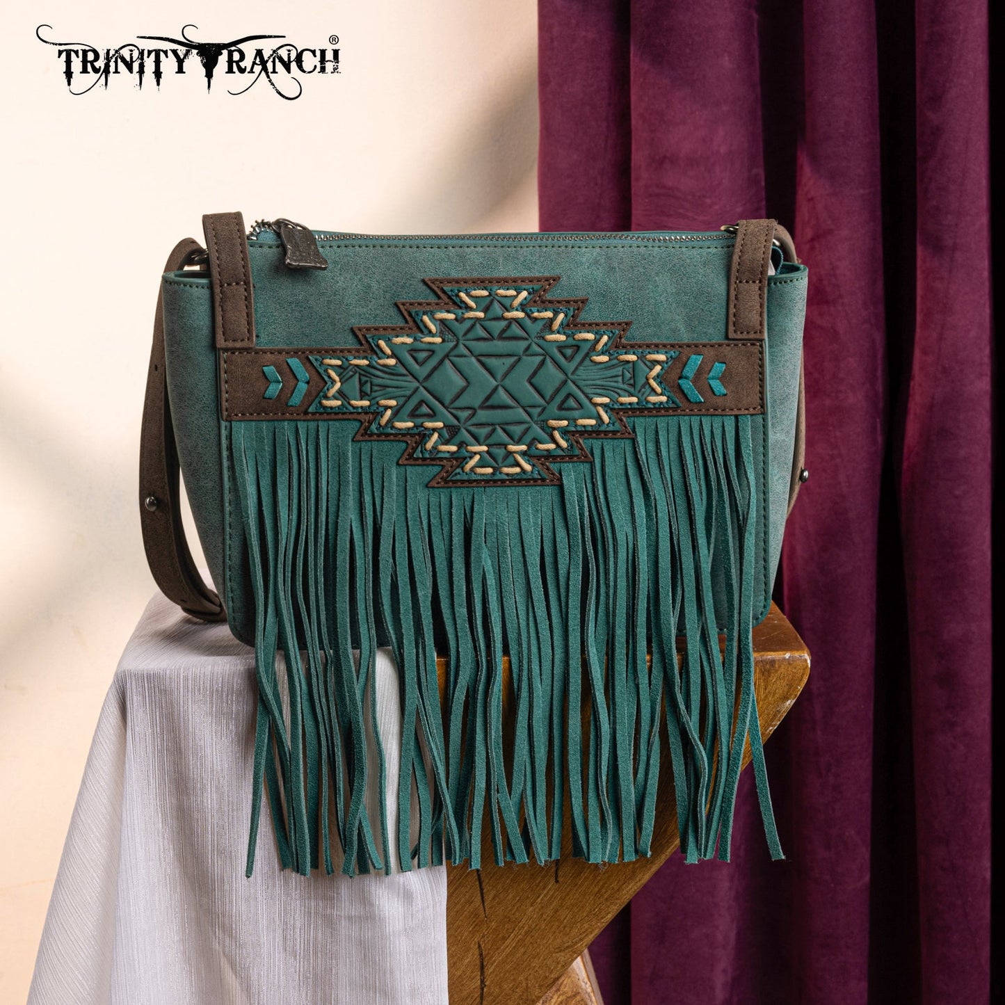 TR196-8287  Trinity Ranch Aztec Tooled Fringe Crossbody