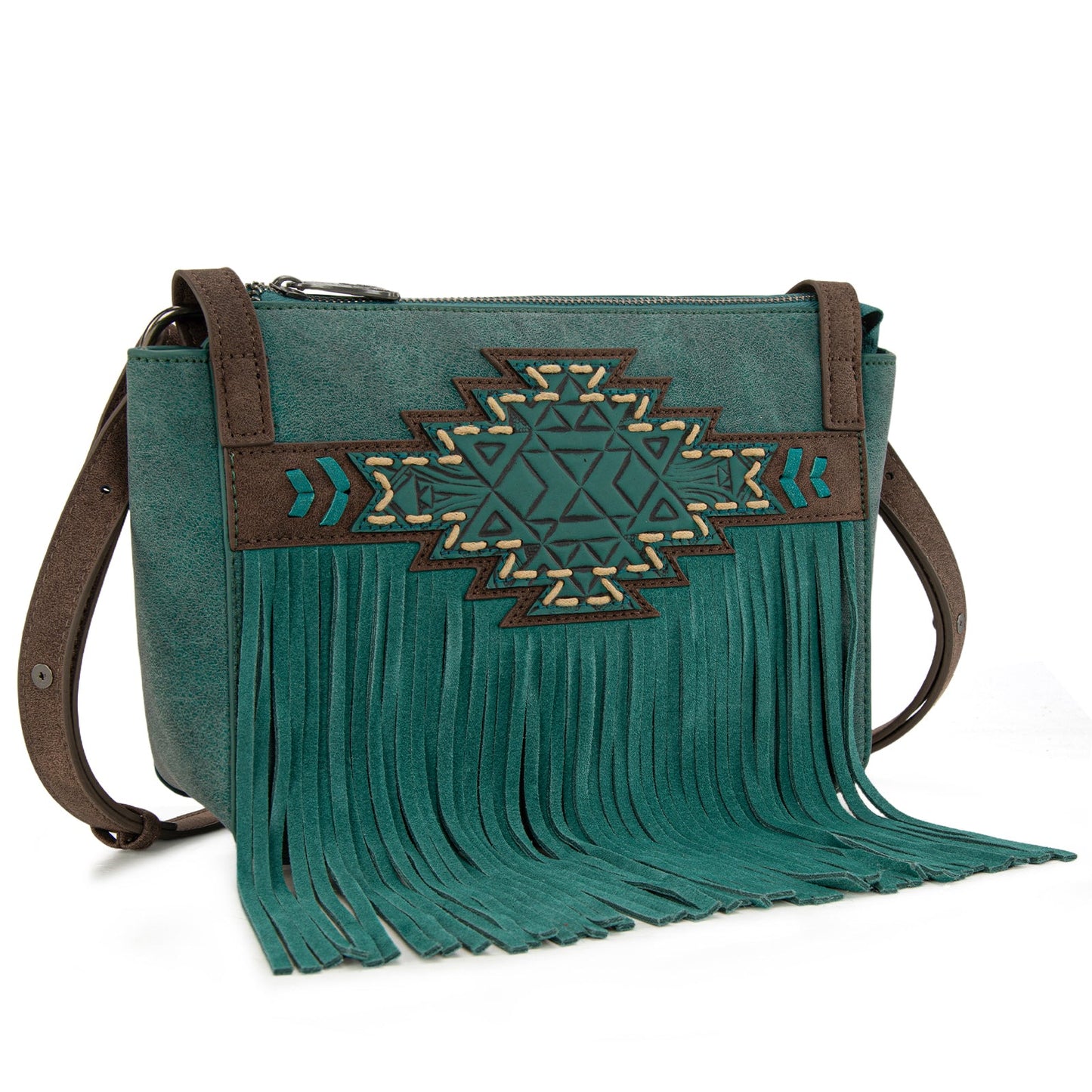 TR196-8287  Trinity Ranch Aztec Tooled Fringe Crossbody