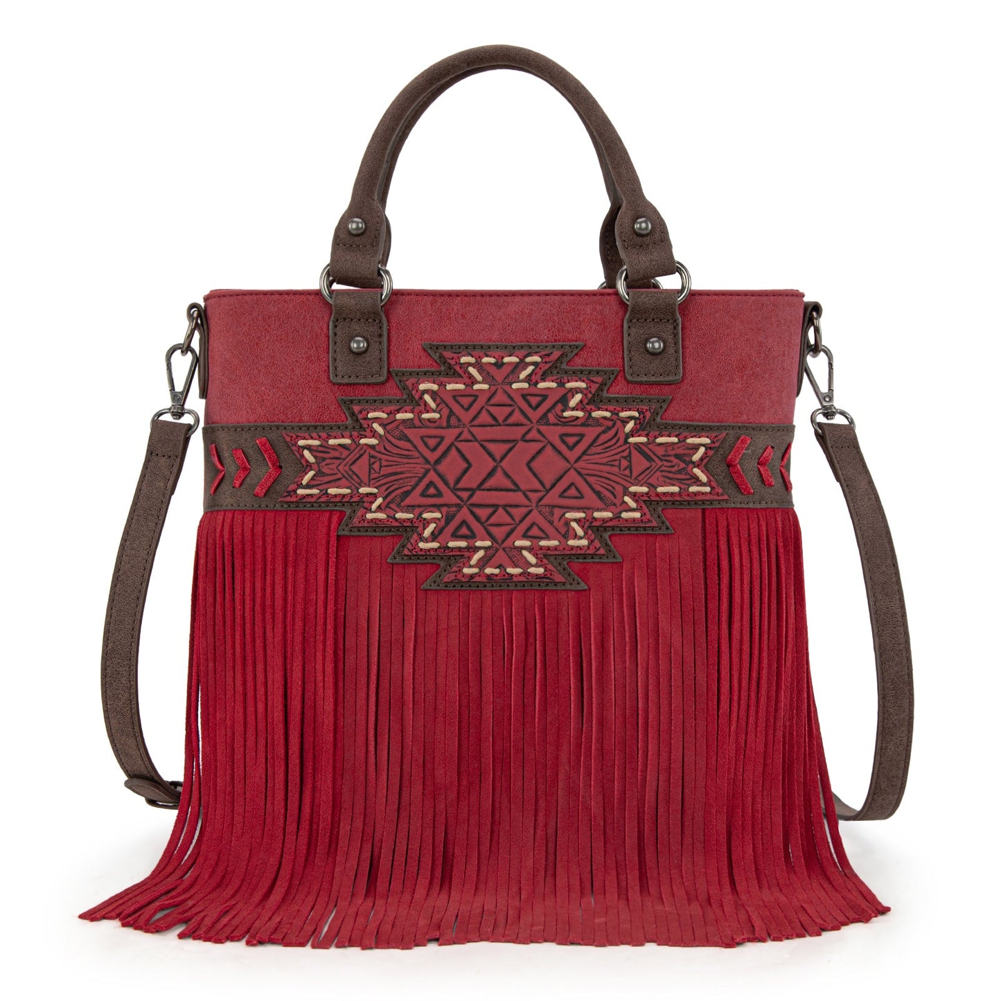 TR196G-8260  Trinity Ranch  Aztec Tooled Fringe Concealed Carry Tote/Crossbody