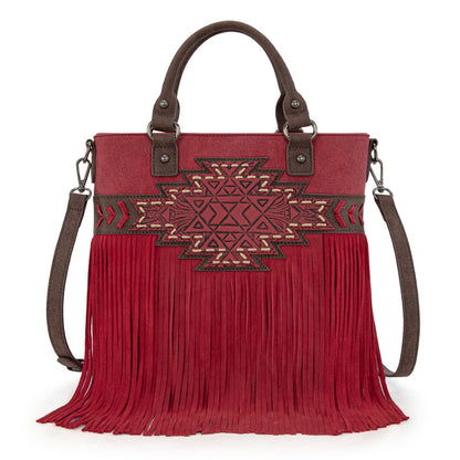 TR196G-8260  Trinity Ranch  Aztec Tooled Fringe Concealed Carry Tote/Crossbody