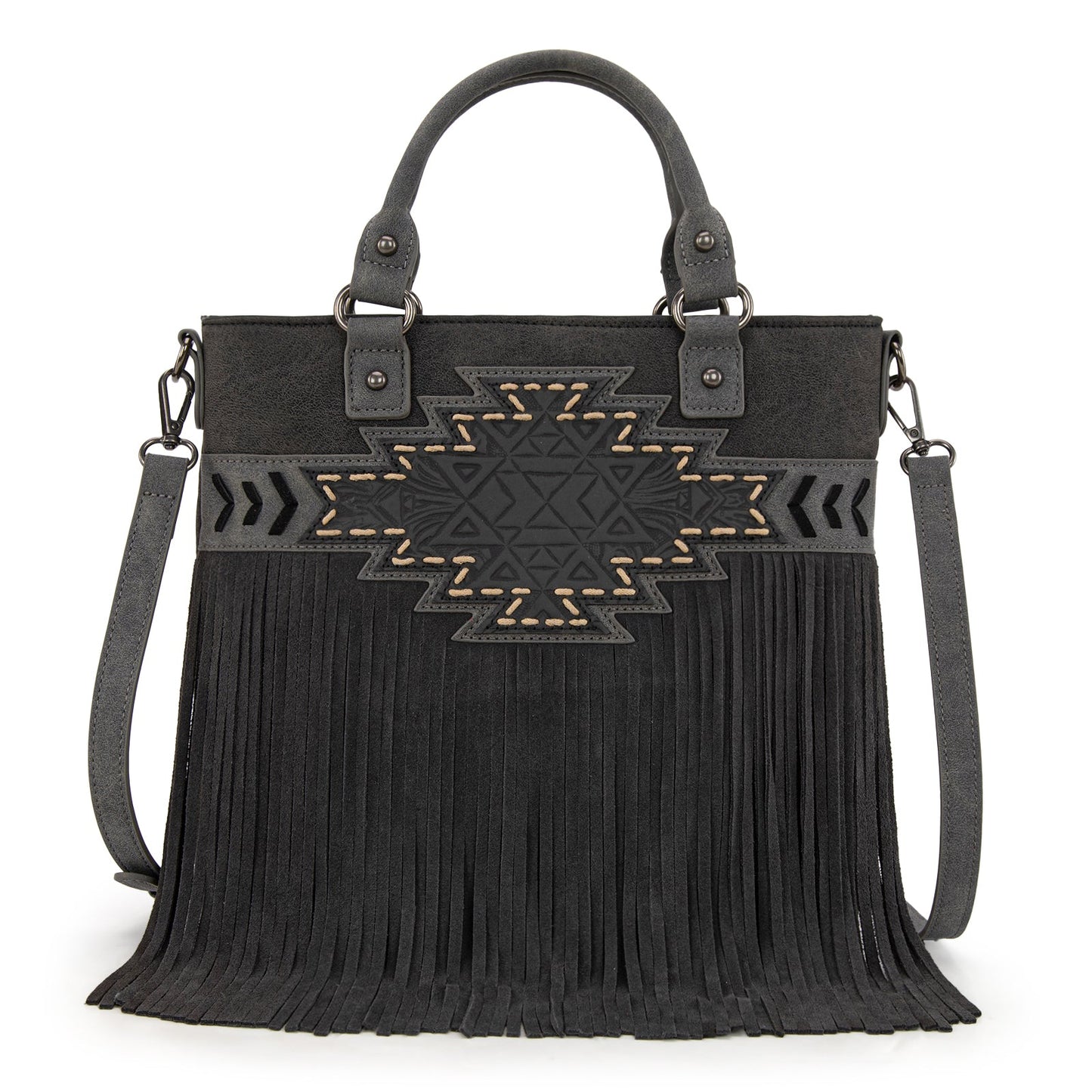 TR196G-8260  Trinity Ranch  Aztec Tooled Fringe Concealed Carry Tote/Crossbody