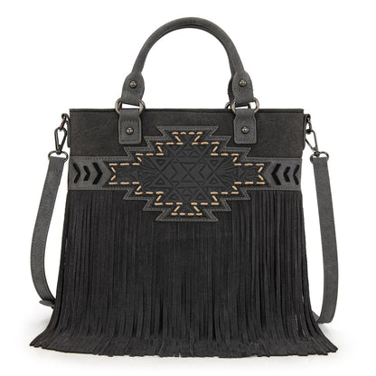 TR196G-8260  Trinity Ranch  Aztec Tooled Fringe Concealed Carry Tote/Crossbody