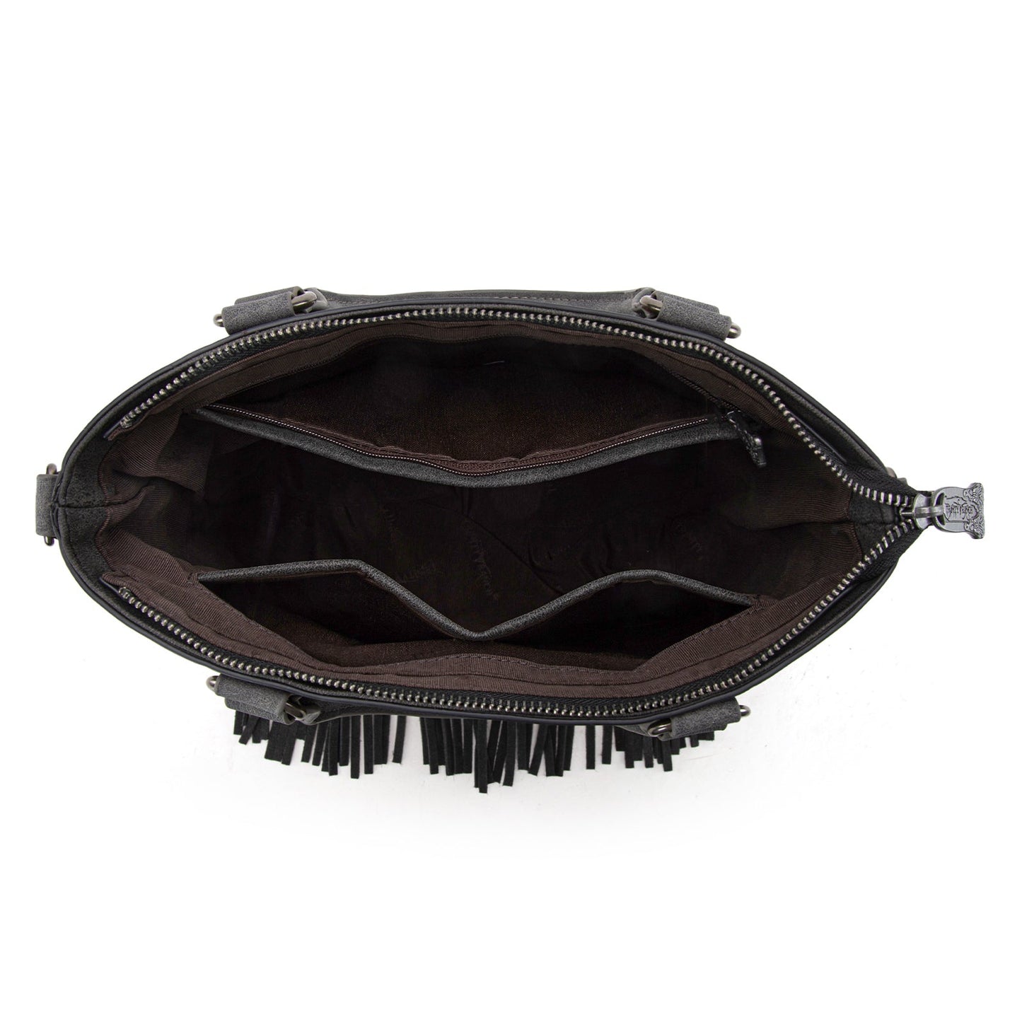 TR196G-8260  Trinity Ranch  Aztec Tooled Fringe Concealed Carry Tote/Crossbody