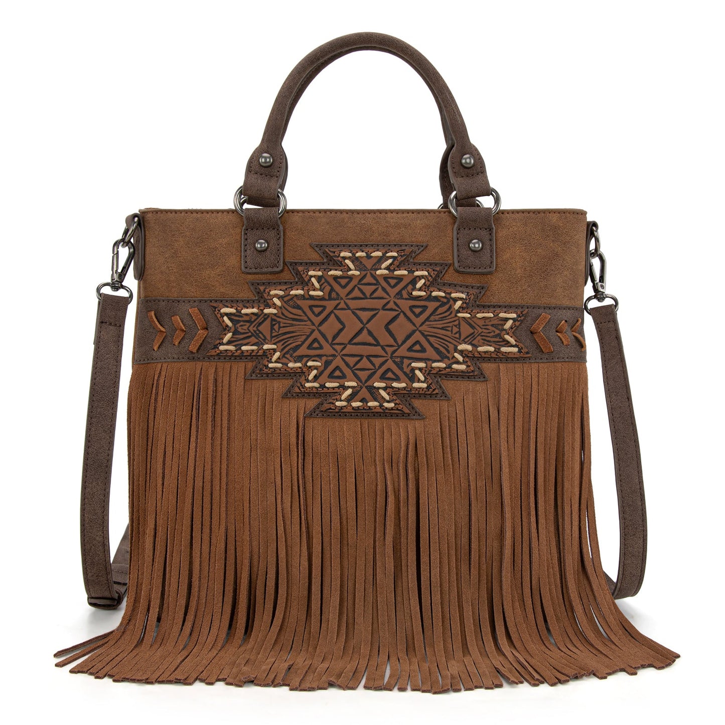 TR196G-8260  Trinity Ranch  Aztec Tooled Fringe Concealed Carry Tote/Crossbody