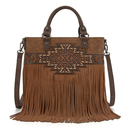 TR196G-8260  Trinity Ranch  Aztec Tooled Fringe Concealed Carry Tote/Crossbody