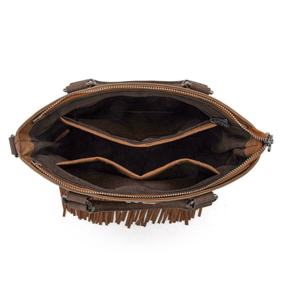 TR196G-8260  Trinity Ranch  Aztec Tooled Fringe Concealed Carry Tote/Crossbody