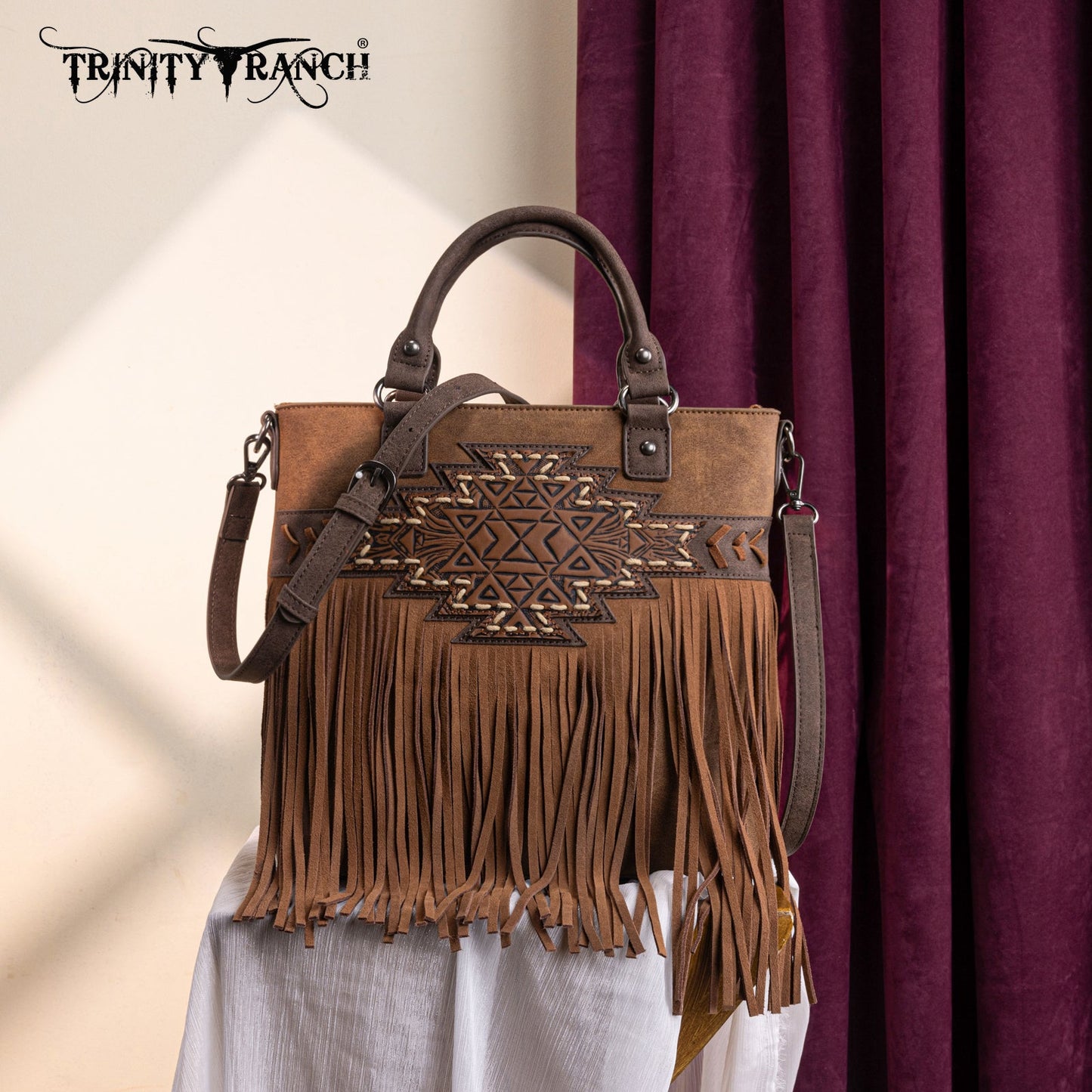 TR196G-8260  Trinity Ranch  Aztec Tooled Fringe Concealed Carry Tote/Crossbody