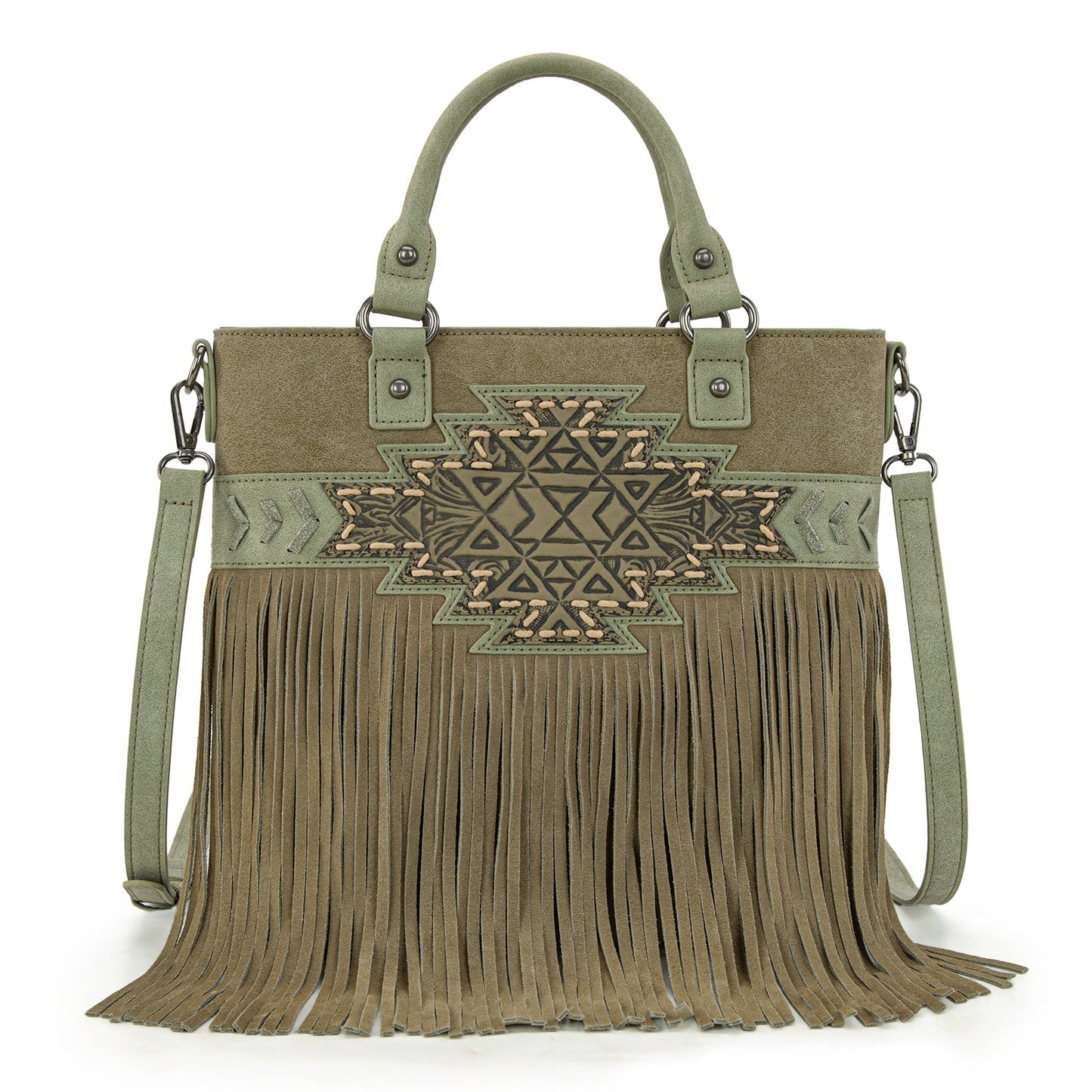 TR196G-8260  Trinity Ranch  Aztec Tooled Fringe Concealed Carry Tote/Crossbody