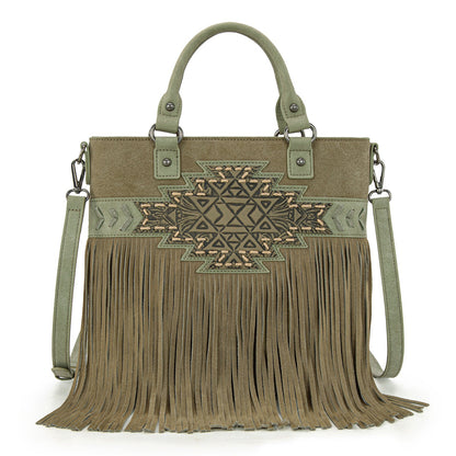 TR196G-8260  Trinity Ranch  Aztec Tooled Fringe Concealed Carry Tote/Crossbody