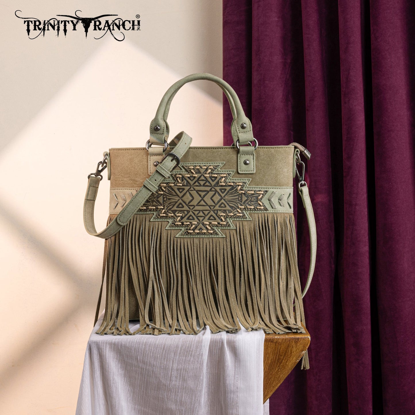 TR196G-8260  Trinity Ranch  Aztec Tooled Fringe Concealed Carry Tote/Crossbody