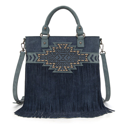 TR196G-8260  Trinity Ranch  Aztec Tooled Fringe Concealed Carry Tote/Crossbody